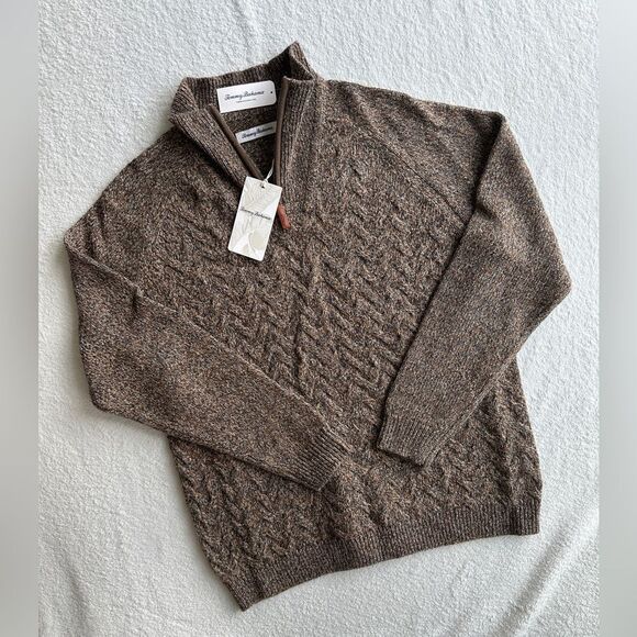 New Tommy Bahama Half‎ Zip Sweater Cable Knit Pullover Irazu Brown Men’s Medium - Picture 2 of 11